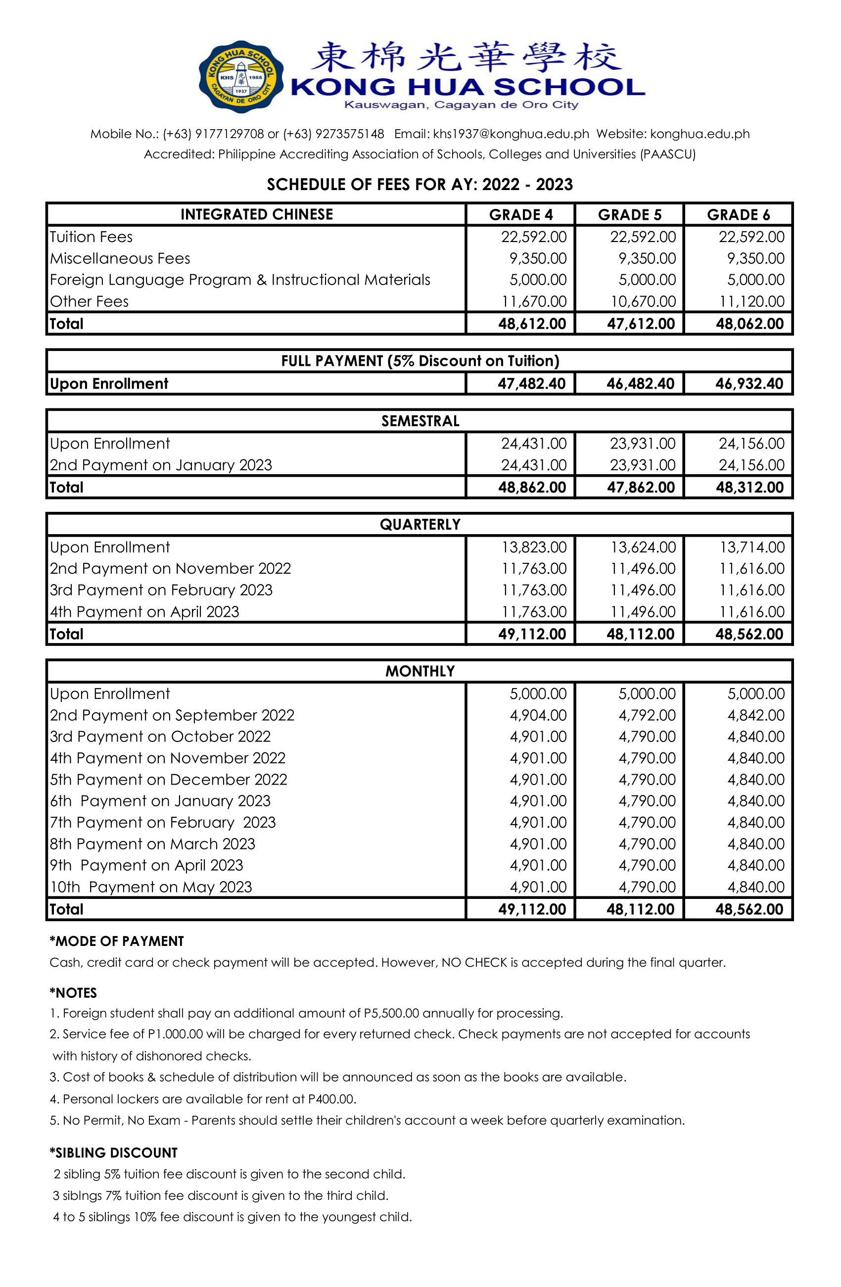 School Fees – Kong Hua School